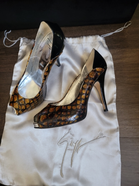 Giuseppe Zanotti Shoes - Giuseppe Zanotti Brown Croc Embossed Peep-Toe Stiletto Heels